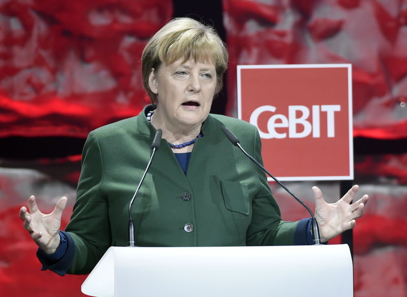 © Reuters. German Chancellor Angela Merkel speaks during the opening ceremony of the CeBit computer fair in Hanover