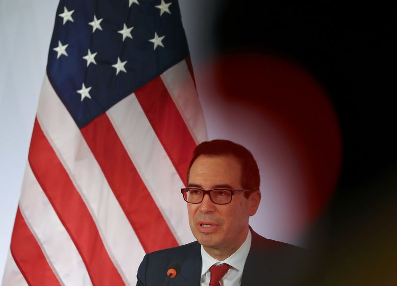 © Reuters. U.S. Treasury Secretary Steve Mnuchin addresses a news conference at the G20 Finance Ministers and Central Bank Governors Meeting in Baden-Baden