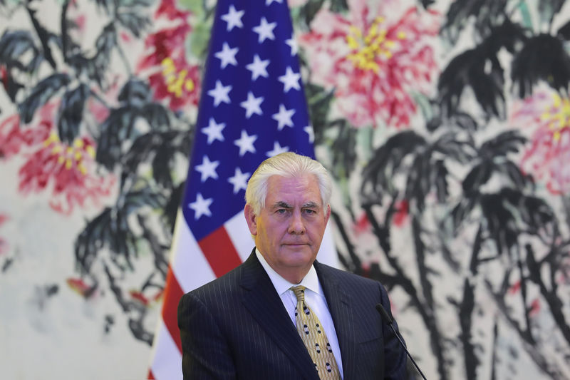 © Reuters. U.S Secretary of State Rex Tillerson looks on during a joint press conference with Chinese Foreign Minister Wang Yi (not pictured) at Diaoyutai State Guesthouse in Beijing