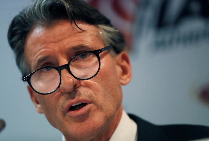 © Reuters. Sebastian Coe, IAAF's President, attends a press conference as part of the International Association of Athletics Federations (IAAF) council meeting in Monaco