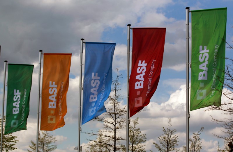 © Reuters. FILE PHOTO -  Flags of the German chemical company BASF are pictured in Monheim