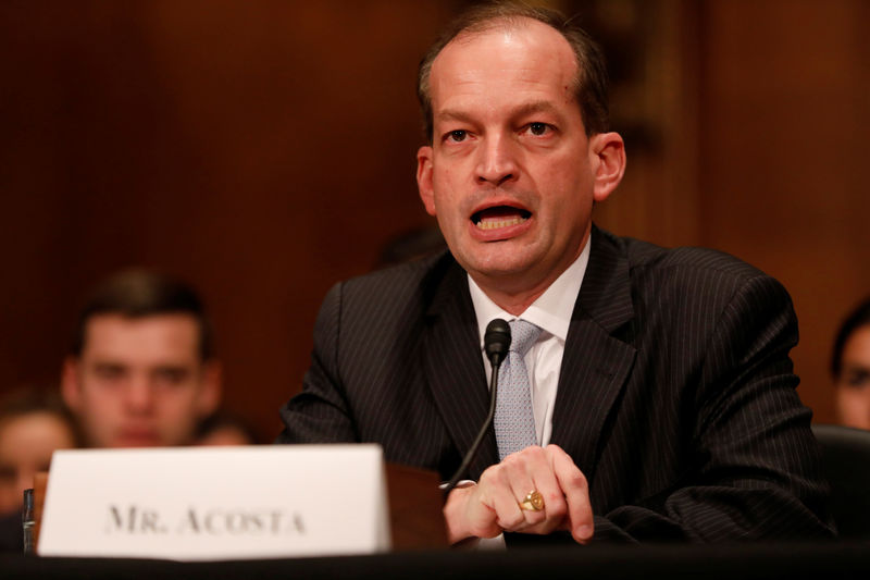 © Reuters. Alex Acosta, President Donald Trump's nominee to be Secretary of Labor, testifies during his confirmation hearing before the Senate Health, Education, Labor, and Pensions Committee on Capitol Hill