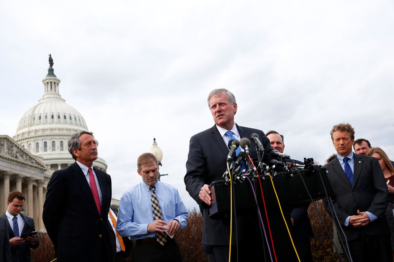 © Reuters. U.S. Rep. Mark Meadows (R-NC) and other members of the House Freedom Caucus hold a news conference on Capitol Hill in Washington