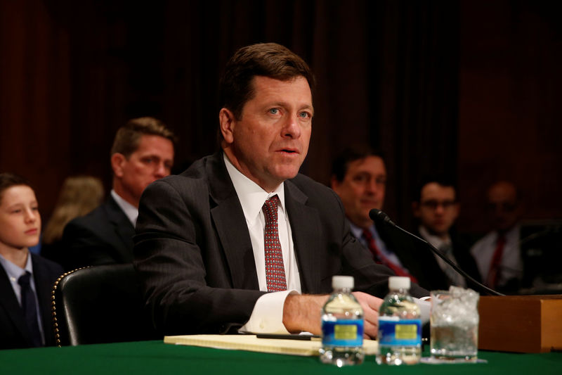 © Reuters. Clayton testifies at a Senate Banking, Housing and Urban Affairs Committee hearing on his nomination of to be chairman of the Securities and Exchange Commission (SEC) on Capitol Hill in Washington