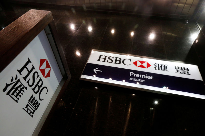 © Reuters. FILE PHOTO: Logos of HSBC are displayed at a major branch at the financial Central district in Hong Kong