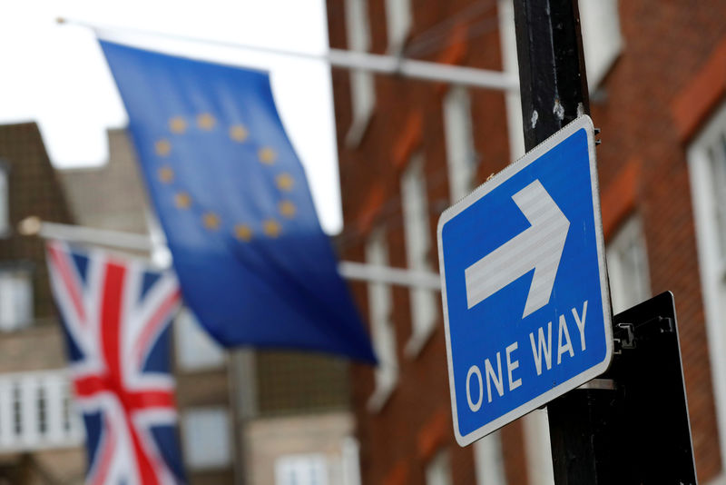 © Reuters. FILE PHOTO: A traffic sign is seen in front of European and Union flags in London