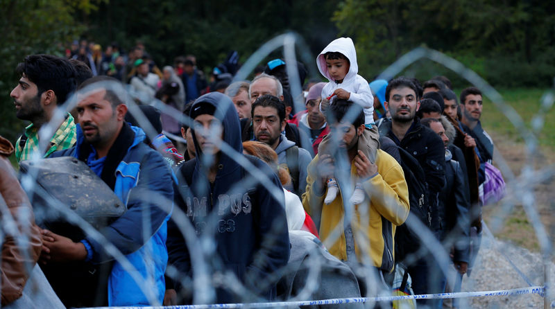 © Reuters. FILE PHOTO: Migrants make their way after crossing the border at Zakany, Hungary October 16, 2015.