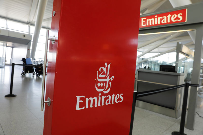 © Reuters. An Emirates Airlines ticket desk stands empty at JFK International Airport in New York