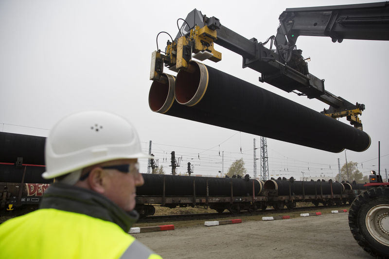 © Reuters. A handout by Nord Stream 2 claims to show the first pipes for the Nord Stream 2 pipeline being delivered by rail to the German logistics hub Mukran on the island of Rugen