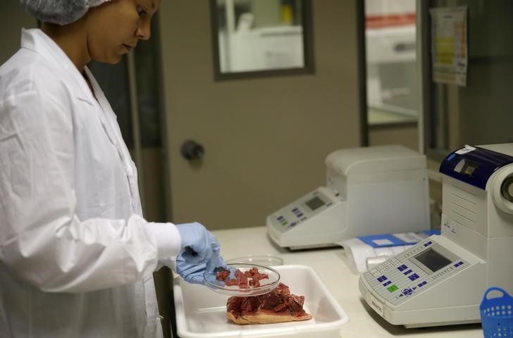 © Reuters. Veterinária analisa pedaço de carne recolhido pela Vigilância Sanitária durante inspeção de supermercados no Rio de Janeiro, Brasil