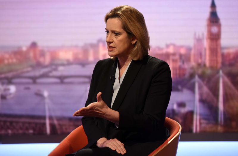 © Reuters. Britain's Home Secretary Amber Rudd is seen appearing on the BBC's Andrew Marr Show in this photograph received via the BBC in London