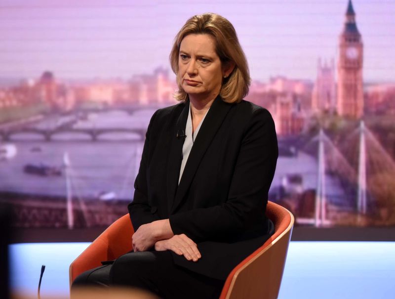 © Reuters. Britain's Home Secretary Amber Rudd is seen appearing on the BBC's Andrew Marr Show in this photograph received via the BBC in London