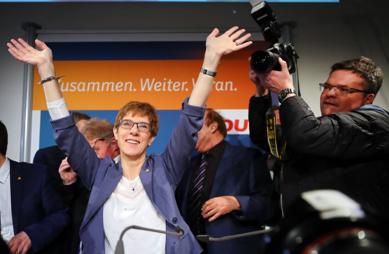 © Reuters. Annegret Kramp-Karrenbauer, ministra-presidenta de Sarre y candidata por la CDU de Merkel, reacciona al resultado de las elecciones en el estado
