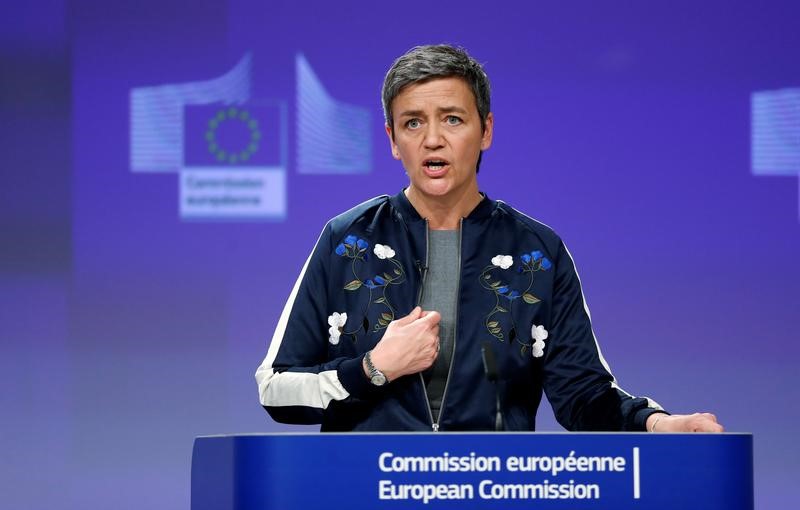 © Reuters. EU Competition Commissioner Vestager holds a news conference in Brussels