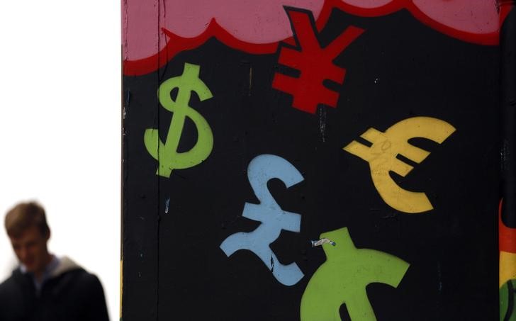 © Reuters. Символы различных валют на стене в Дублине