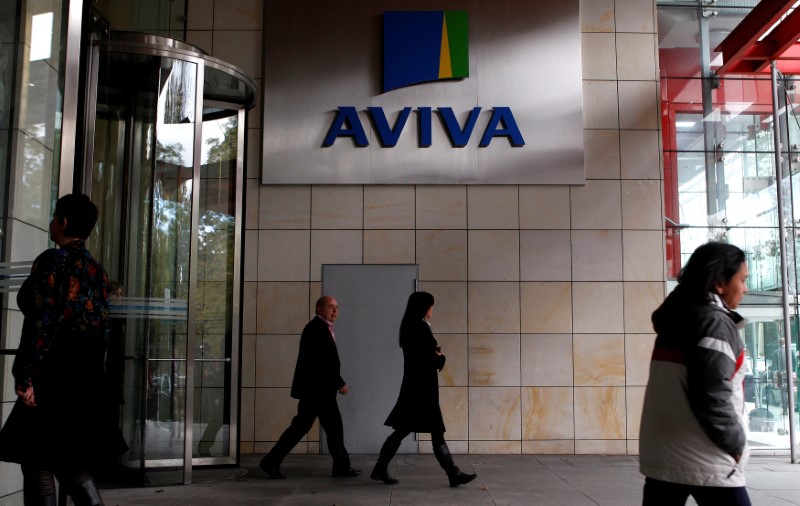 © Reuters. FILE PHOTO: People enter and exit the AVIVA headquarters building in Dublin.