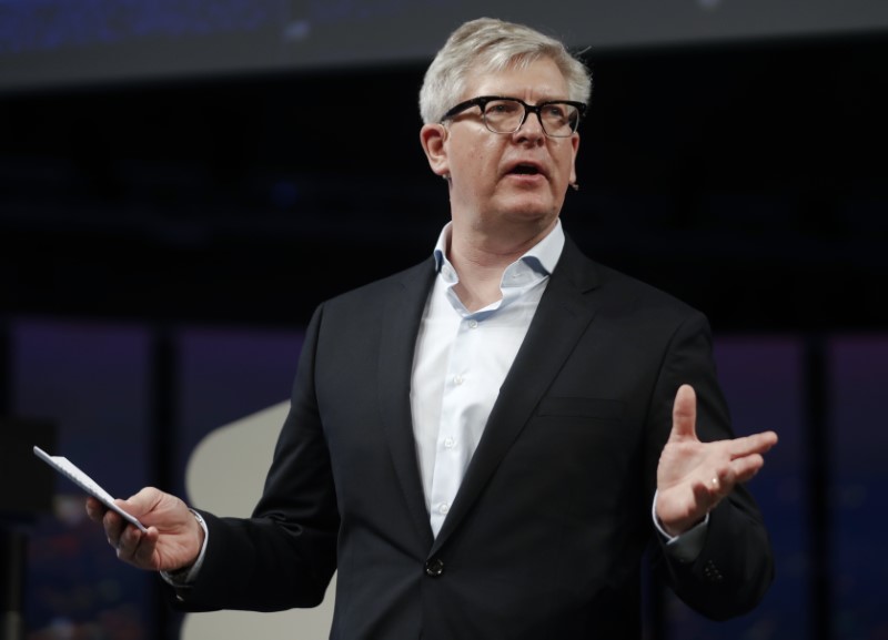 © Reuters. Ekholm, President and CEO of Ericsson, delivers his speech at Mobile World Congress in Barcelona