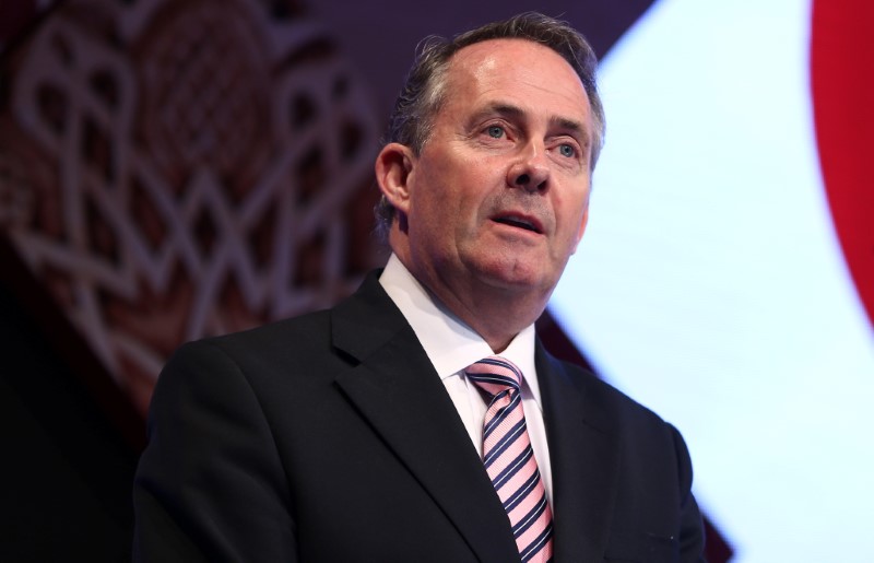© Reuters. Britain's Secretary of State for International Trade Liam Fox  speaks at the Qatar UK Business and Investment Forum in London