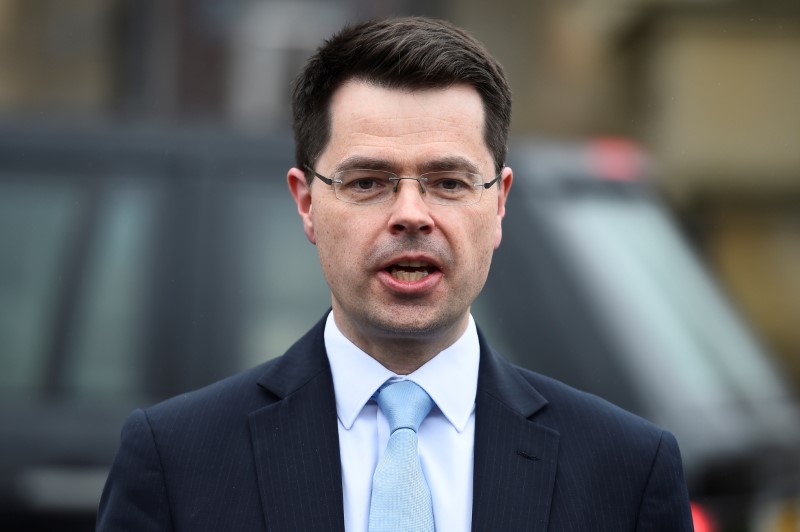 © Reuters. Northern Ireland Secretary of State James Brokenshire speaks to media outside Stormont Castle in Belfast