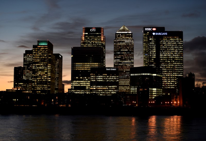 © Reuters. FILE PHOTO: The Canary Wharf financial district is seen at dusk in London