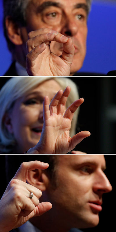 © Reuters. A combination photo shows three candidates for French 2017 presidential election Francois Fillon, Marine Le Pen and Emmanuel Macron in Paris