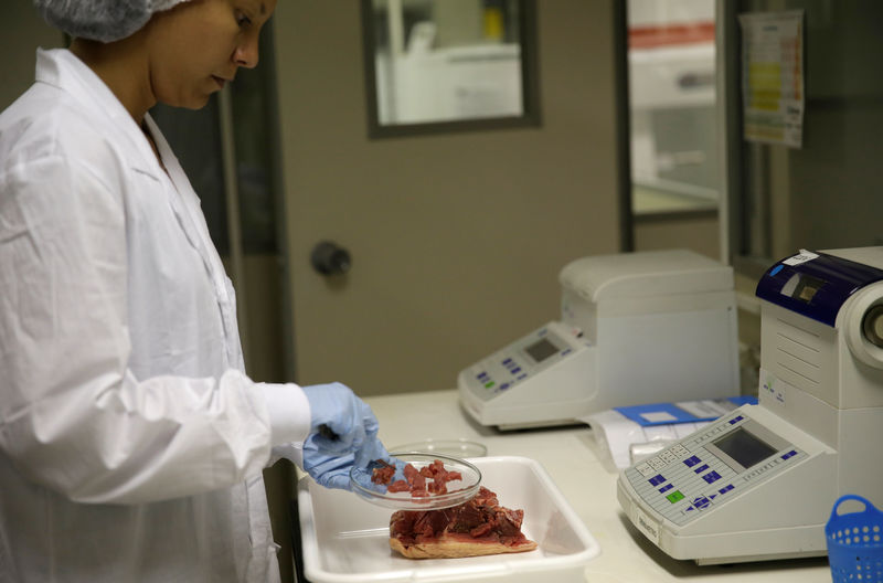 © Reuters. A veterinarian analyses a piece of meat collected by Public Health Surveillance agents during an inspection of supermarkets, at a veterinary laboratory with the public health department in Rio de Janeiro