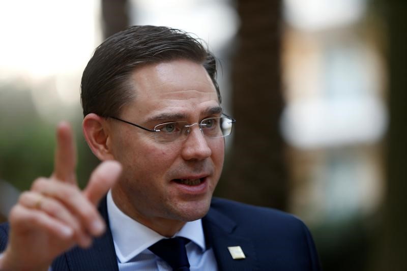 © Reuters. European Commission Vice-President Jyrki Katainen is interviewed by Reuters on the fringe of a European People Party (EPP) summit in St Julian's