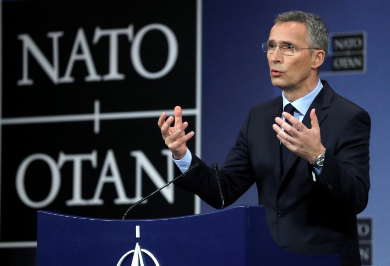 © Reuters. NATO Secretary General Stoltenberg holds a news conference during a NATO foreign ministers meeting at the Alliance's headquarters in Brussels