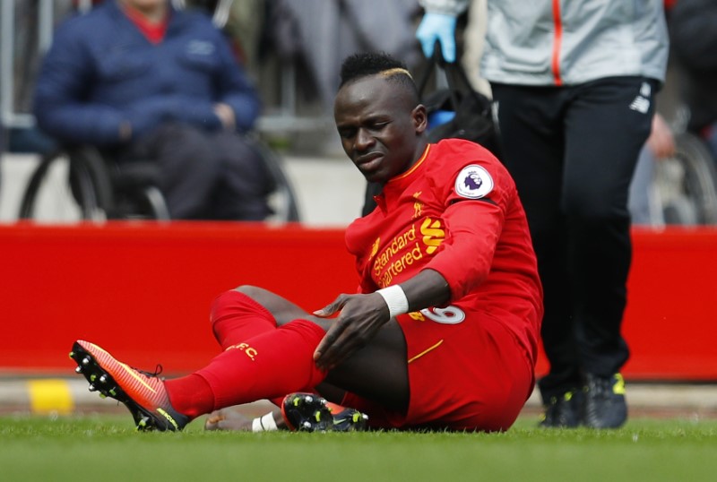 © Reuters. Liverpool's Sadio Mane after sustaining an injury