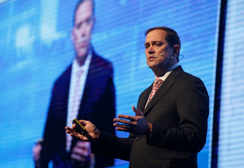 © Reuters. Chuck Robbins, CEO, Cisco, USA, speaks at a Cyber security conference in Tel Aviv, Israel