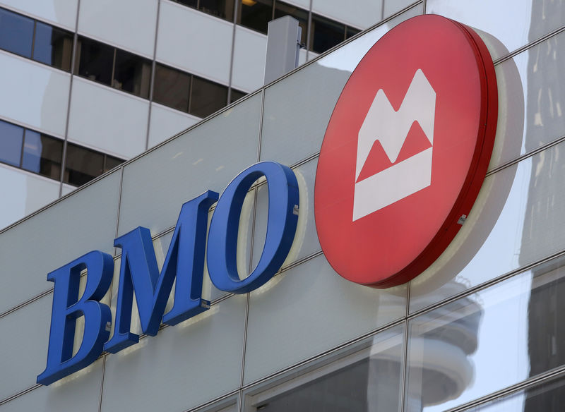 © Reuters. FILE PHOTO: The logo of the Bank of Montreal (BMO) is seen on their flagship location on Bay Street in Toronto