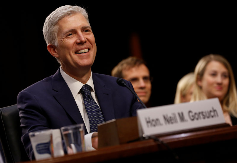 © Reuters. FILE PHOTO: Supreme Court nominee judge Gorsuch before Senate Judiciary Committee confirmation hearing in Washington