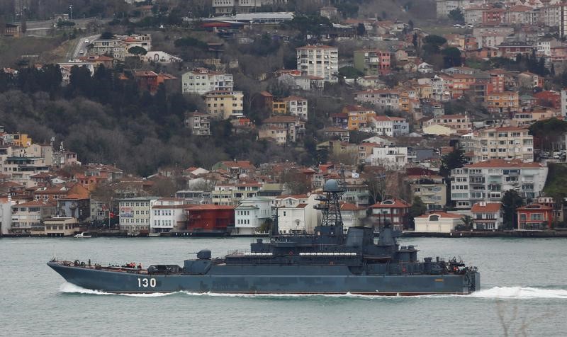 © Reuters. The Russian Navy's large landing ship Korolev sails in the Bosphorus, on its way to the Black Sea, in Istanbul