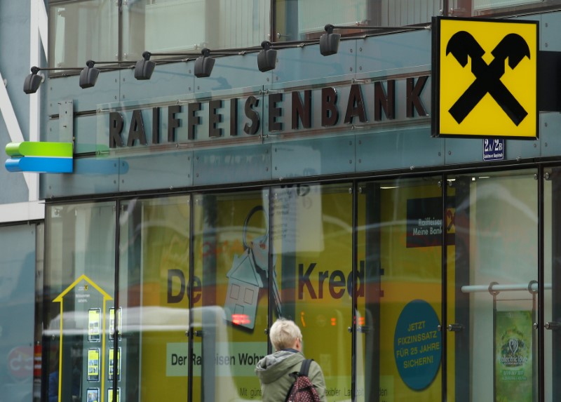 © Reuters. The logo of Raiffeisen Bank International is seen at a branch office in Vienna