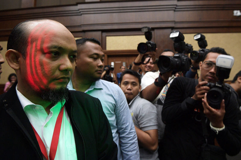 © Reuters. KPK senior investigator Novel Baswedan is seen during the trial for the electronic ID case at the district court in Jakarta