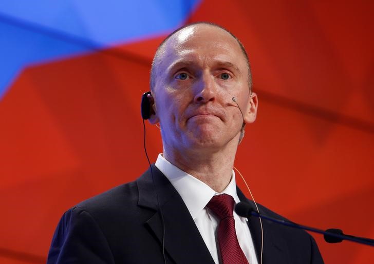 © Reuters. File photo: One-time advisor of U.S. president-elect Donald Trump Page addresses the audience during a presentation in Moscow