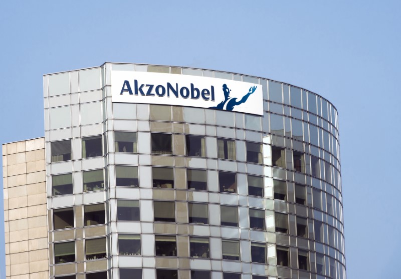 © Reuters. The sign of AkzoNobel is pictured at its headquarters in Amsterdam