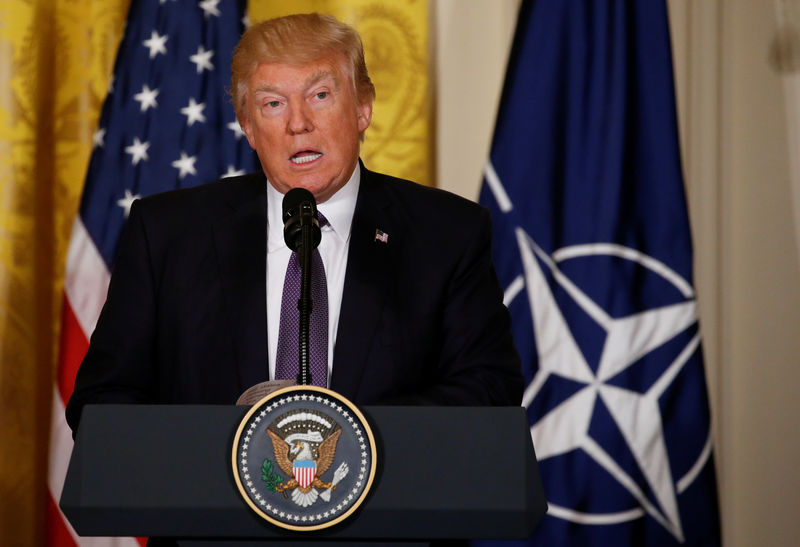 © Reuters. U.S.  President Trump addresses joint news conference with NATO Secretary General Stoltenberg at the White House in Washington