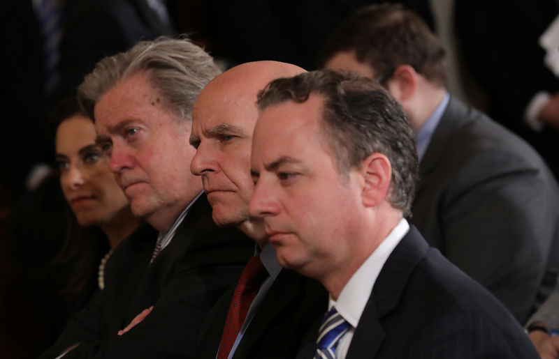 © Reuters. White House aides Powell, Bannon, McMaster and Priebus ttenda joint news conference between U.S.  President Trump and NATO Secretary General Stoltenberg at the White House in Washington