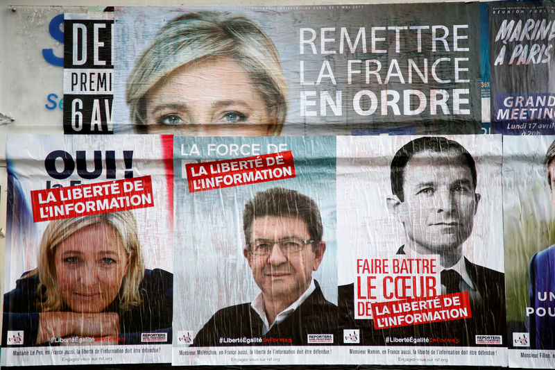 © Reuters. FILE PHOTO: Campaign posters for candidates Marine Le Pen of the National Front (FN), Jean-Luc Melenchon of the Parti de Gauche, and Benoit Hamon of the Socialist Party are seen in Paris