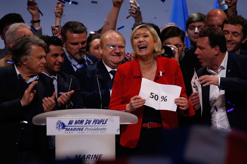 © Reuters. Marine Le Pen, French National Front (FN) political party leader and candidate for French 2017 presidential election, attends a campaign rally in Paris