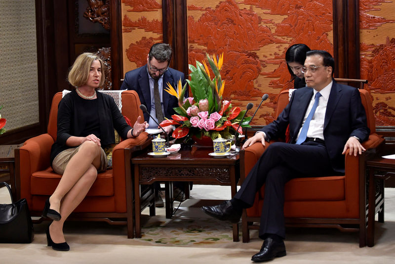 © Reuters. Chinese Premier Li Keqiang speaks with the European Union's foreign policy chief, Federica Mogherini during their meeting at the Zhongnanhai leadership compound in Beijing