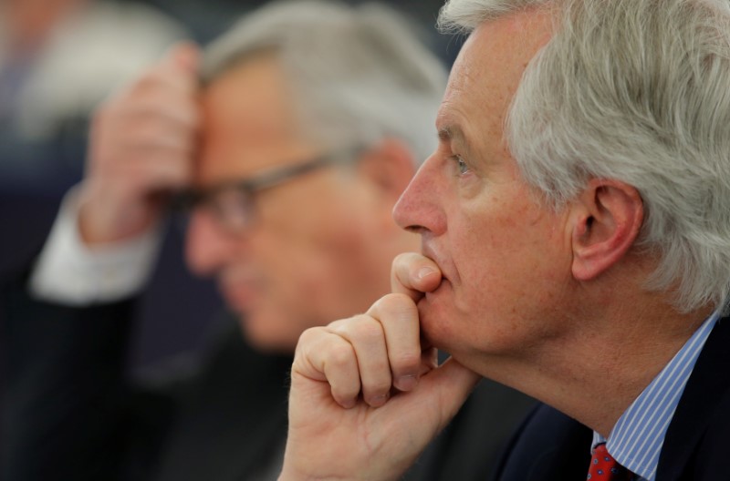 © Reuters. EU Brexit negotiator Barnier gestures attends a debate on Brexit priorities at the European Parliament in Strasbourg