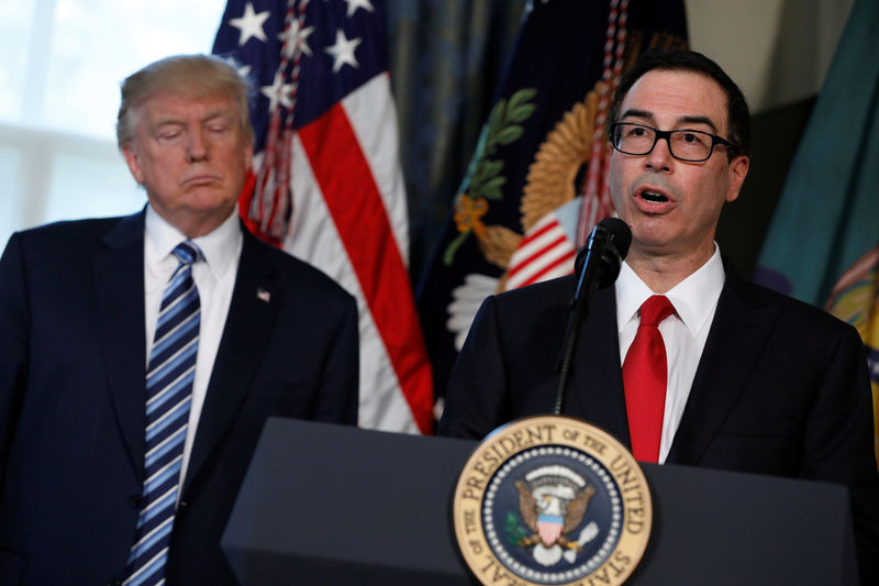 © Reuters. Treasury Secretary Steve Mnuchin speaks during a signing ceremony with President Donald Trump at the Treasury Department