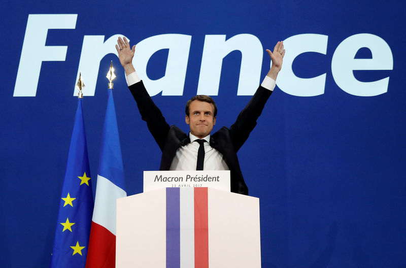 © Reuters. Macron, head of the political movement En Marche !, or Onwards !, and candidate for the 2017 French presidential election, celebrates after partial results in the first round of 2017 French presidential election, in Paris
