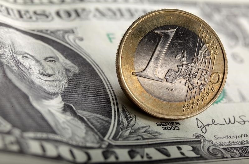 © Reuters. FILE PHOTO: A picture illustration shows a 1 euro coin on one U.S. dollar banknote