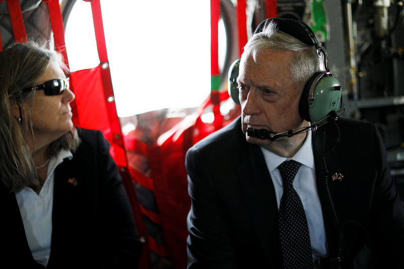 © Reuters. Mattis and Donnelly arrive via helicopter at Resolute Support headquarters in Kabul