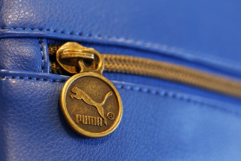 © Reuters. A Puma handbag is pictured in a shop after the company's annual news conference in Herzogenaurach