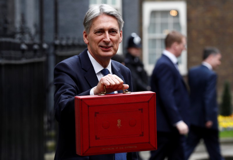 © Reuters. Britain's Chancellor of the Exchequer Philip Hammond stands outside 11 Downing Street before delivering his budget to the House of Commons in London