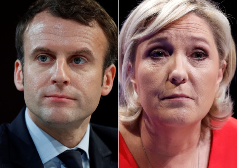 © Reuters. A combination picture shows portraits of the candidates, Macron and Le Pen, who will run in the second round in the 2017 French presidential election in France